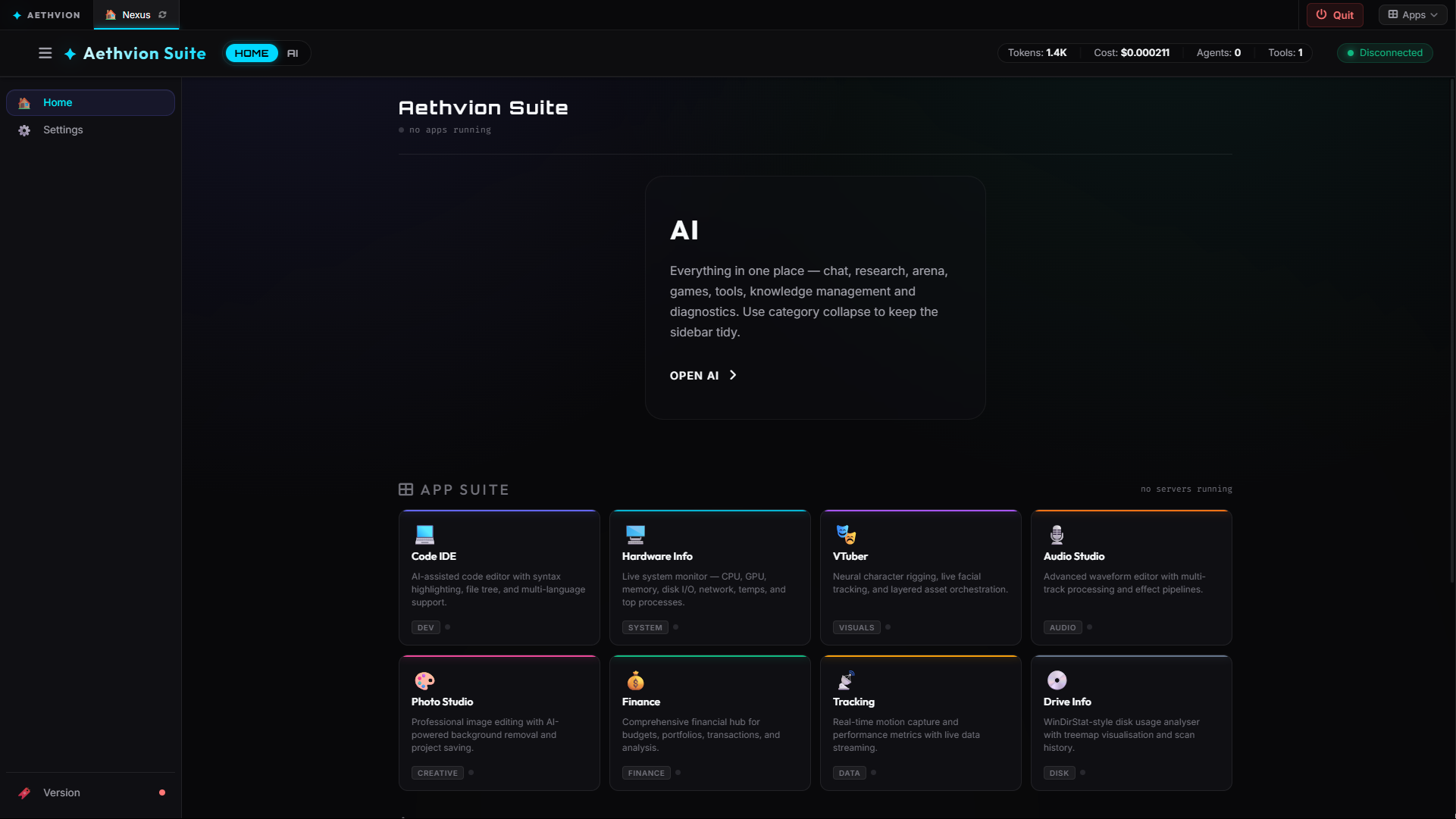 Aethvion Suite Home Screen